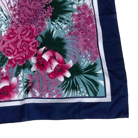 OVERSEAS ADVANTAGE Blue Pink Floral Print Square Neck Scarf 24” X 26” Square - Picture 4 of 9